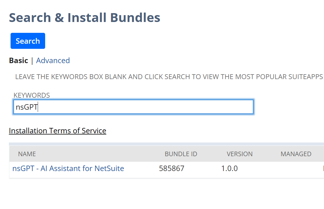 Search for nsGPT Bundle in NetSuite